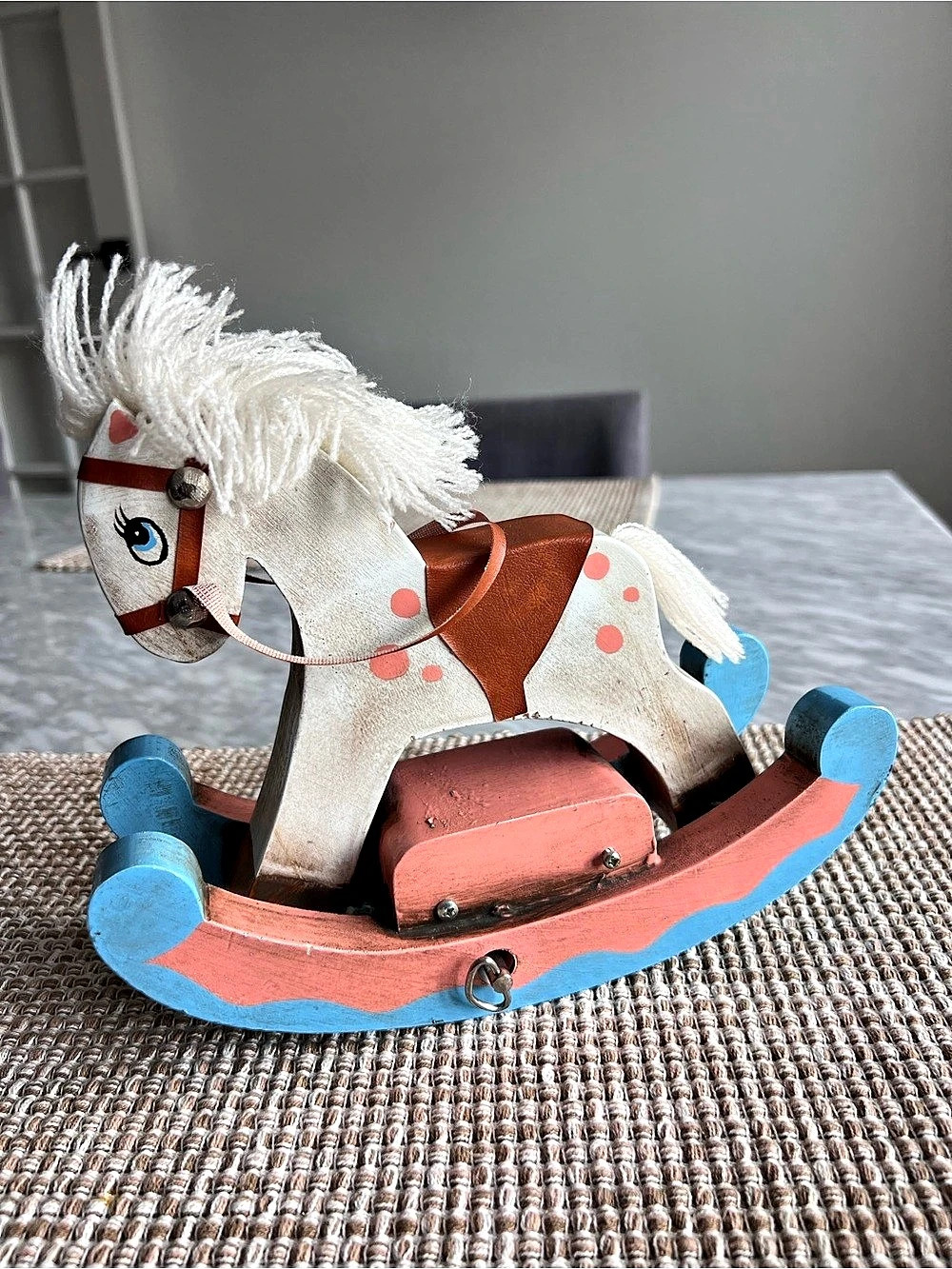 Vintage Enesco Rustic Wooden Rocking Horse Music Box in Blue & Pink